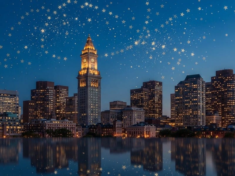 A night cityscape featuring an illuminated clock tower and surrounding buildings reflected in water, overlaid with numerous small graphic stars in the sky.