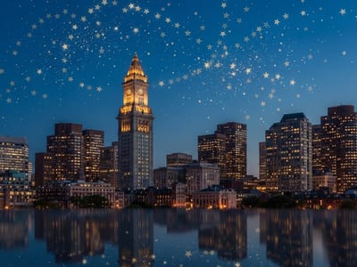 A night cityscape featuring an illuminated clock tower and surrounding buildings reflected in water, overlaid with numerous small graphic stars in the sky.