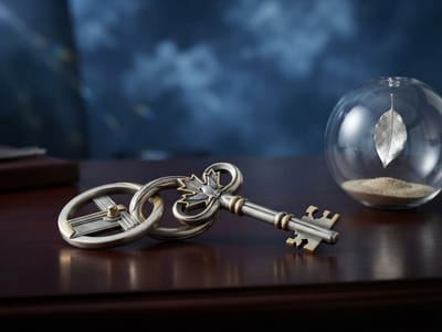 An ornate metal key linked with decorative metal rings rests on a dark wooden surface next to a clear glass sphere containing sand and a silver leaf.