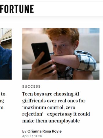 Fortune article headline about teen boys choosing AI girlfriends over real ones for maximum control and zero rejection